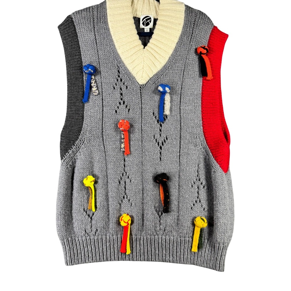 YAN YAN KNITS Frosty Oversize Merino Vest NWOT Knot Detail Grey Multi Med $495